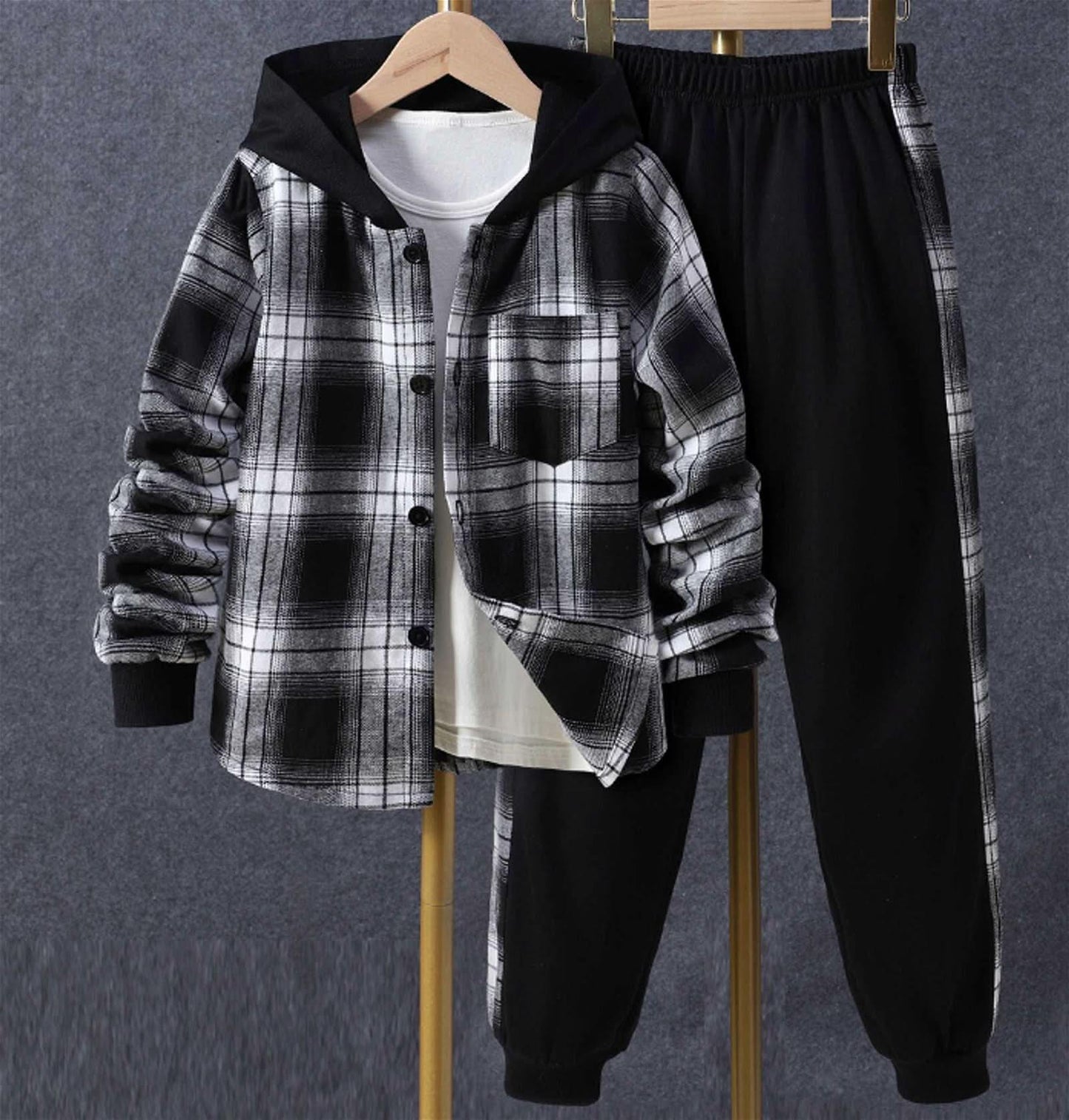 Toddler Kids Baby Boys 2Pcs Spring Autumn Outfits, Long Sleeve Plaid Print Hooded Shirt Jacket and Pants Set 1-5T - SubscriptionApps