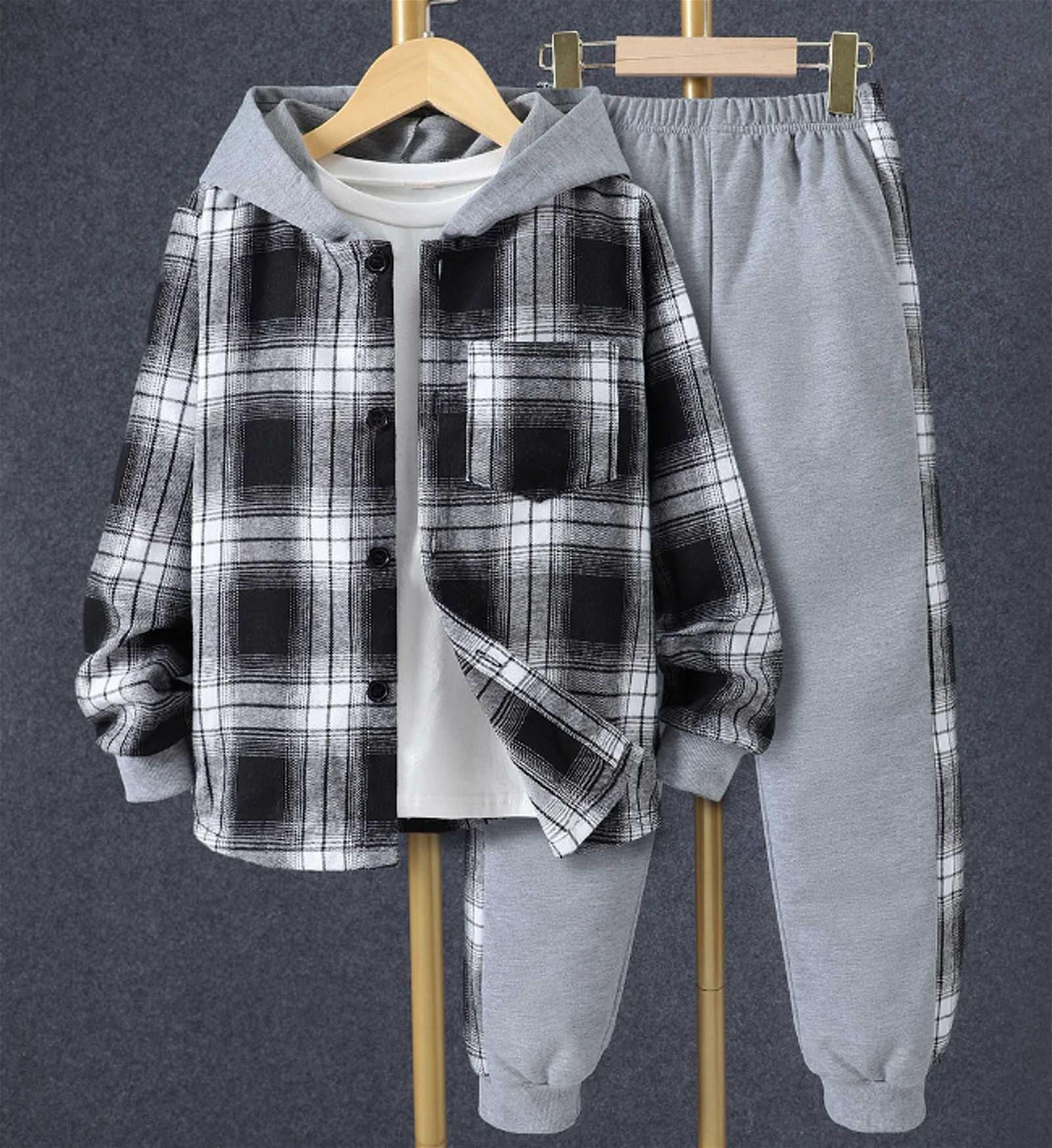 Toddler Kids Baby Boys 2Pcs Spring Autumn Outfits, Long Sleeve Plaid Print Hooded Shirt Jacket and Pants Set 1-5T - SubscriptionApps